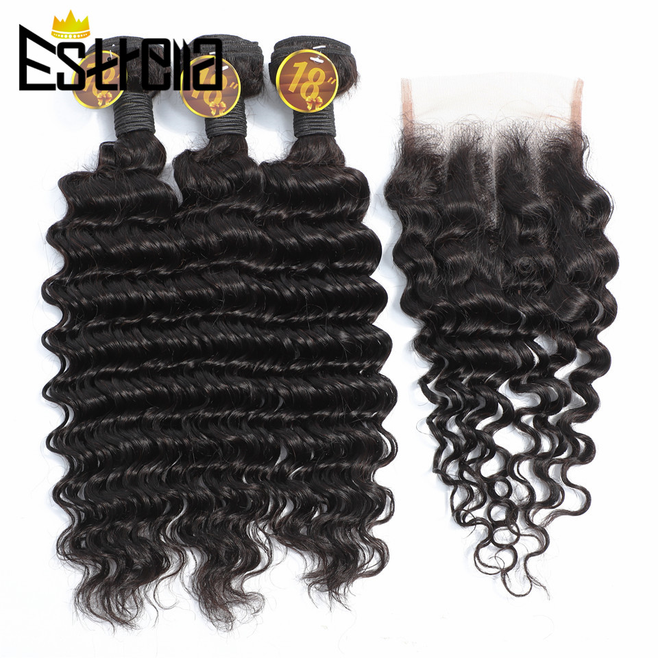 Deep Wave 3 Bundles With Closure - Mèches Péruviennes 100% Naturelles avec Closure,