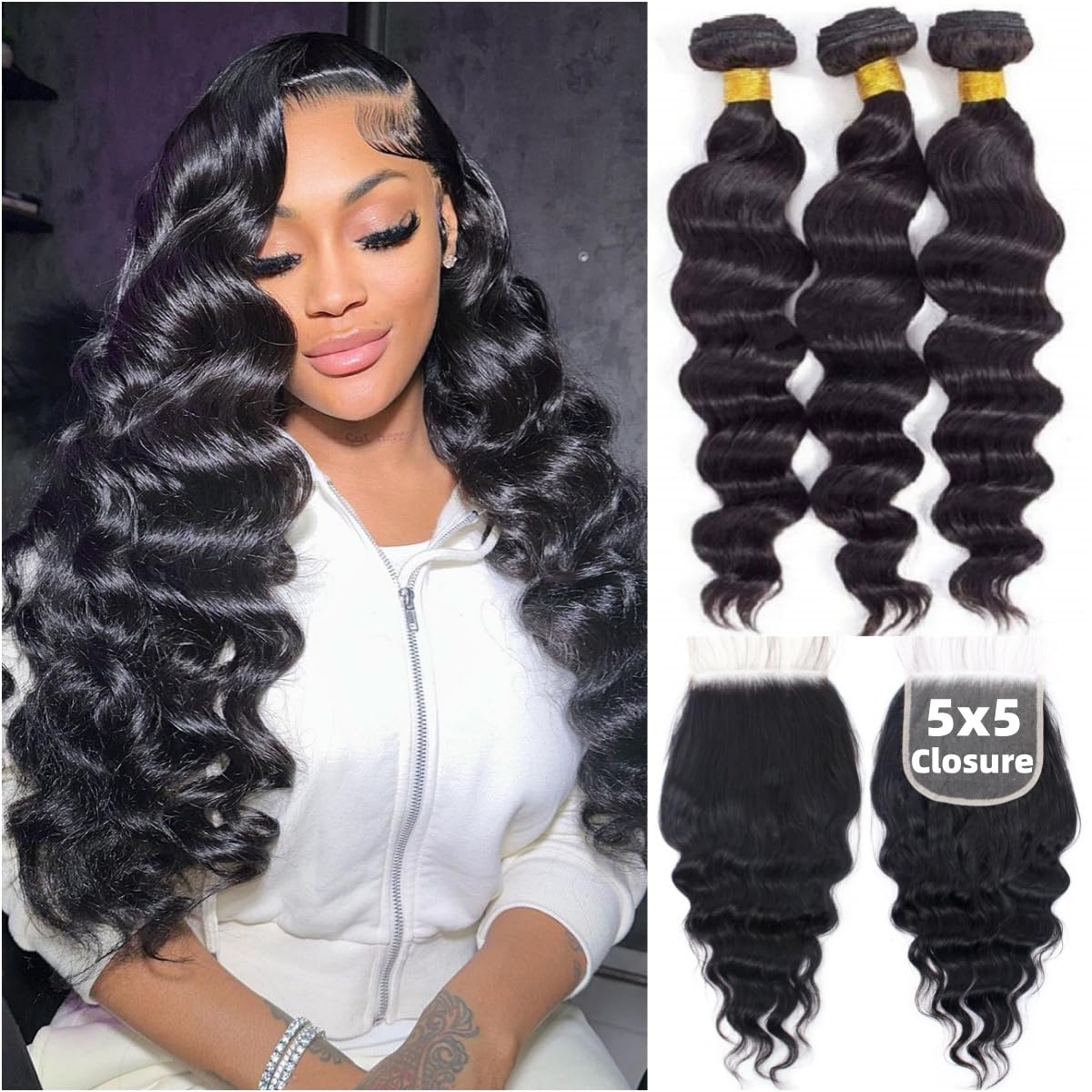 Deep Wave 3 Bundles With Closure - Paquets de cheveux humains de vague