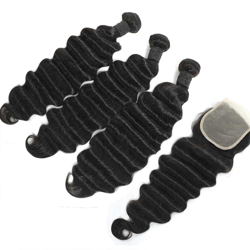 Deep Wave 3 Bundles With Closure - Lots de Cheveux Humains Bruts Ondulés
