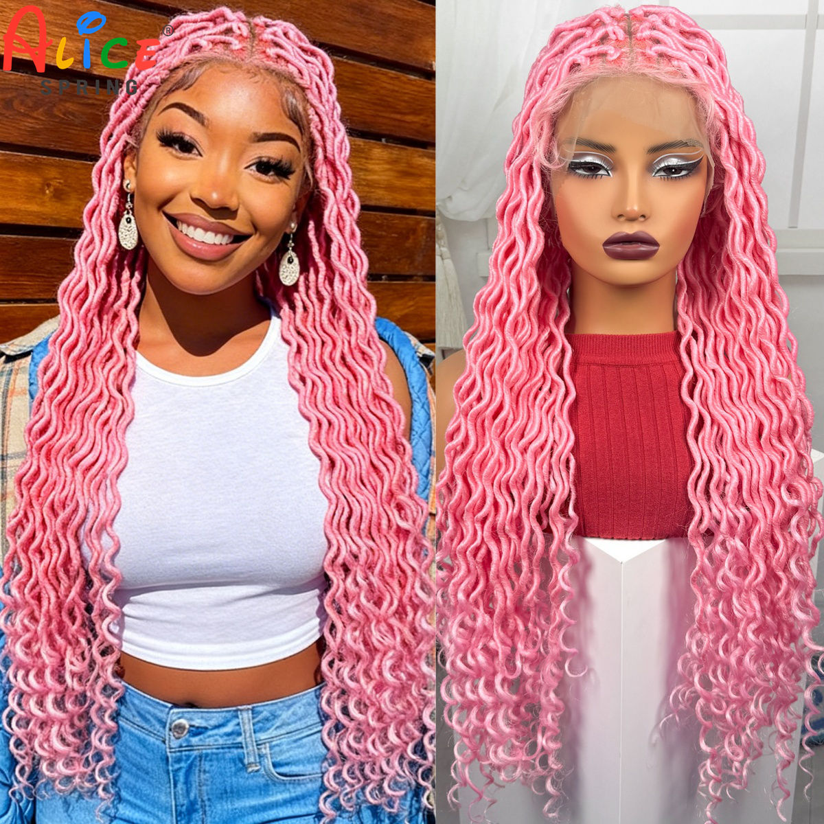 Synthetic Braided Wigs For Black Women - Perruques tressées synthétiques couleur rose, entièrement