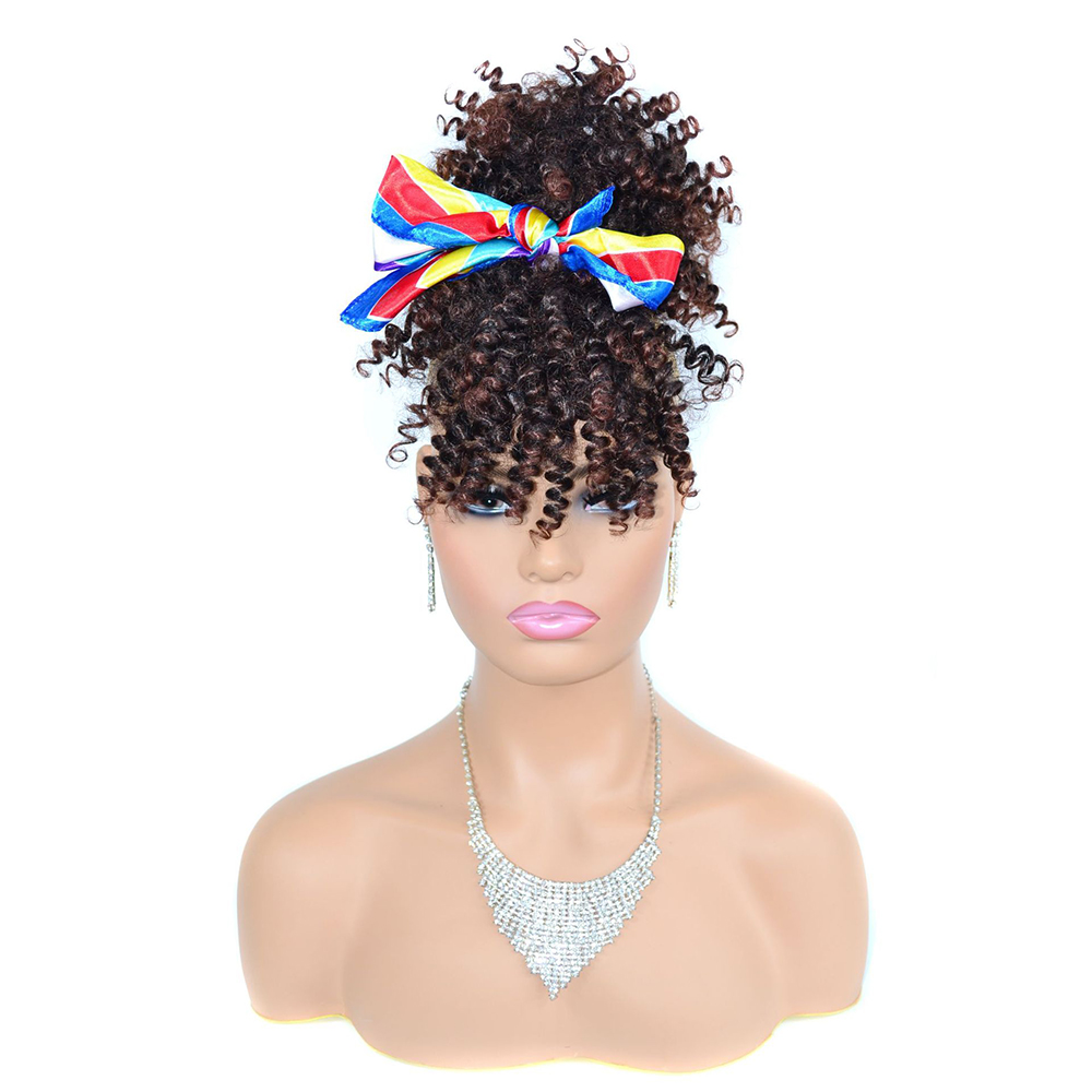 Drawstring Afro Curly Puff Ponytail - Chignon afro bouclé synthétique avec frange