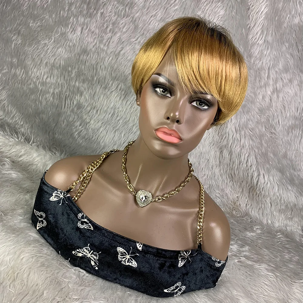 Short Pixie Cut Wig Human Hair Cheap - Perruque Brésilienne Naturelle Remy avec Frange,