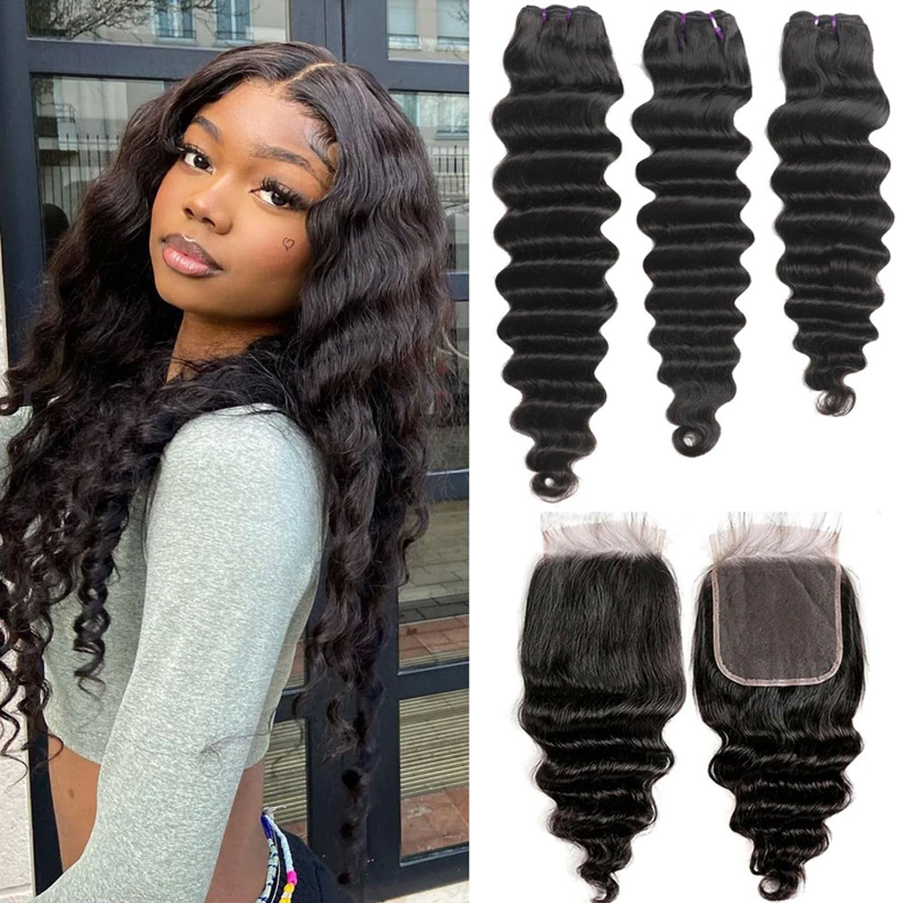 Extensions de cheveux humains  - Deep Wave 3 Bundles With Closure avis et prix