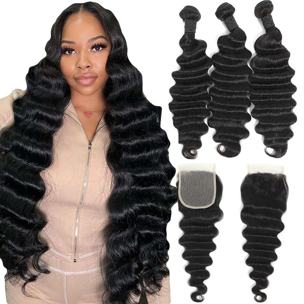 Lots de Cheveux Humains Bruts  - Deep Wave 3 Bundles With Closure avis et prix